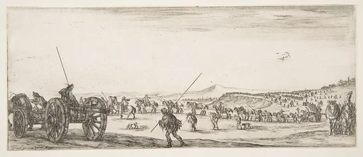 A procession of horsemen and cannons in the middle ground walking to the left, a cannon and two men to left, from "Peace and War" (Divers desseins tant pour la paix que pour la guerre)