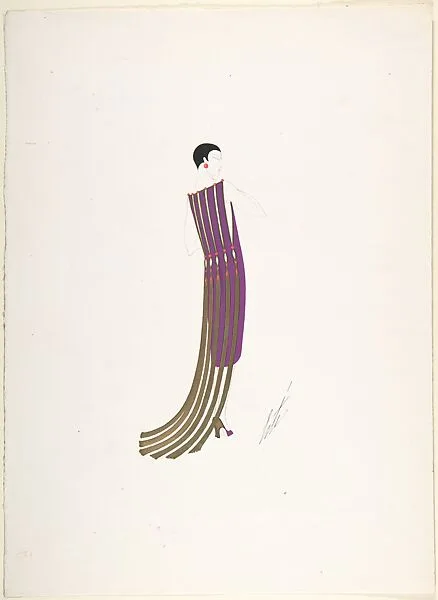 Design for Purple Dress with Open-Work Back and Ornament of Red Beads and Trailing Gold Tassles for "Manhattan Mary," Majestic Theater, New York — Erté (Romain de Tirtoff)