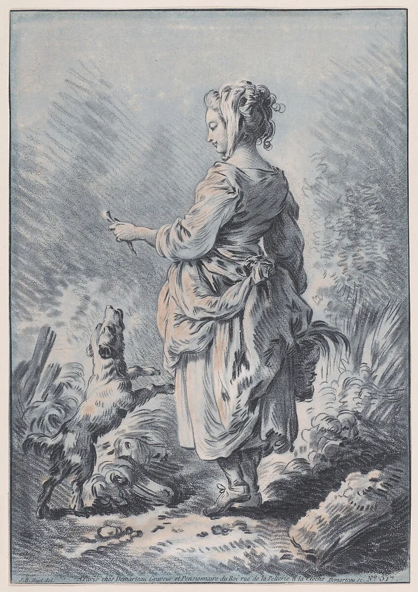 Young Woman with a Dog — Gilles Demarteau|Jean-Baptiste Huet I