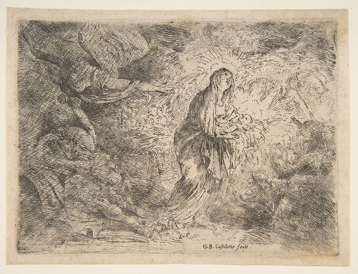 The angel awakening Joseph to the presence of the Virgin and Child — Giovanni Benedetto Castiglione (Il Grechetto)