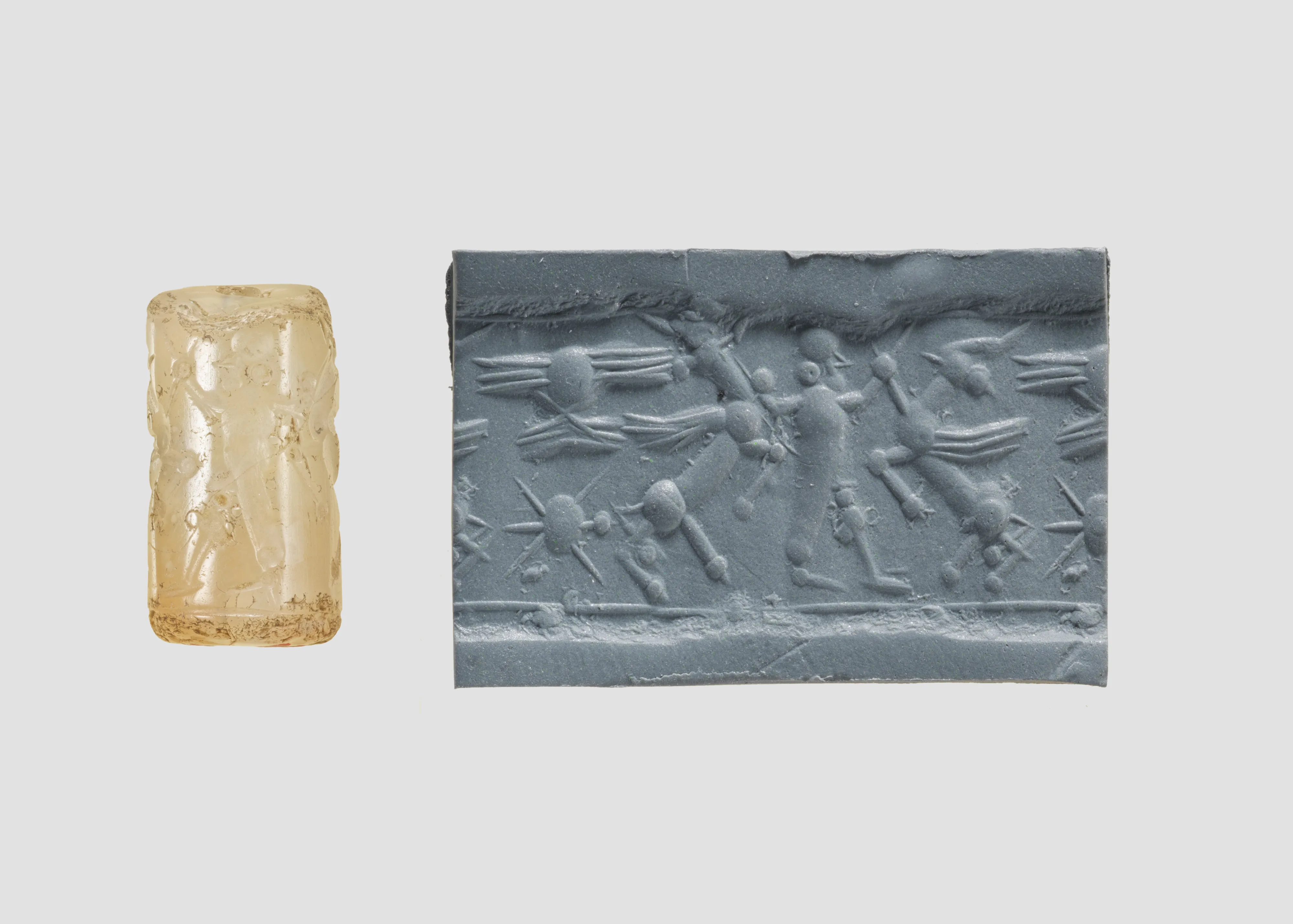 Cylinder seal with three-figure contest scene — Unknown