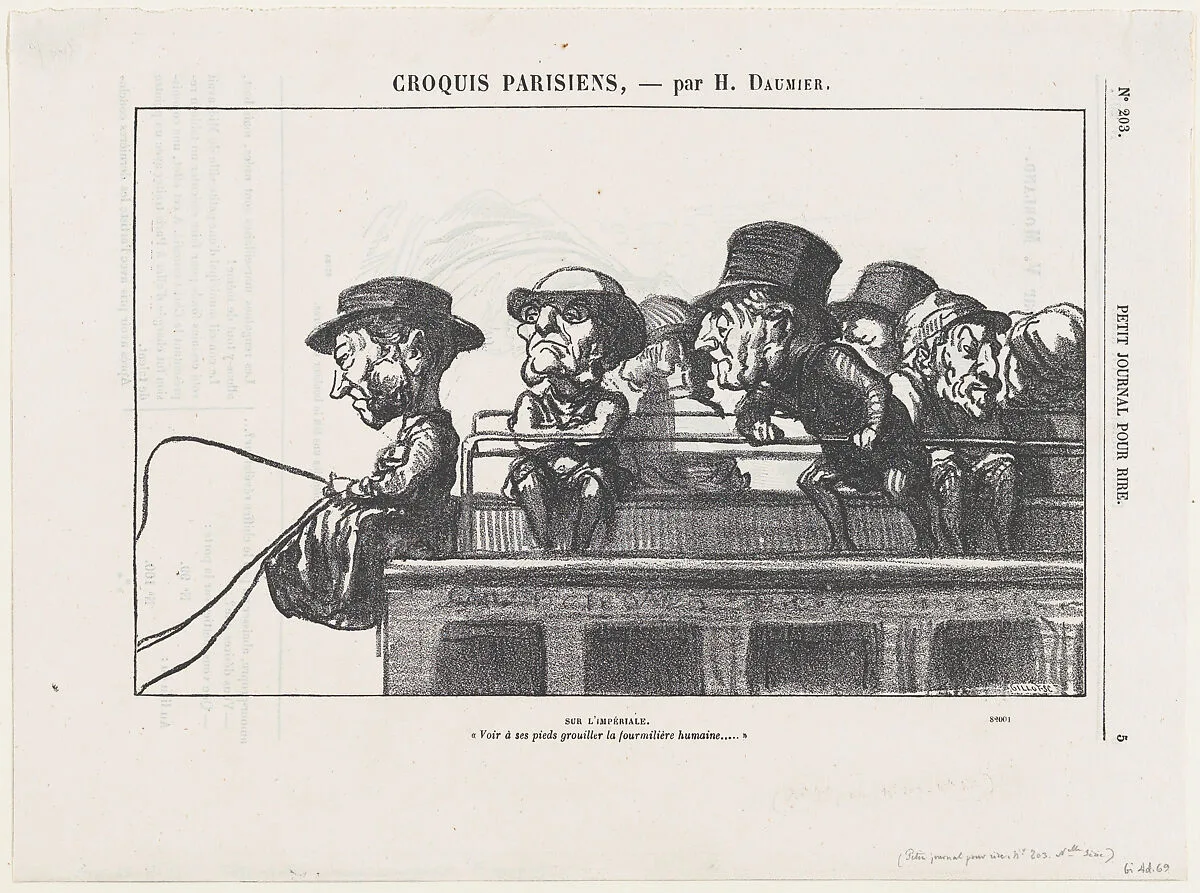On the imperiale, "At one's feet one can observe the swarming of a human ant-hill," from 'Parisian sketches,' published in Le Petit Journal pour Rire — Honoré Daumier