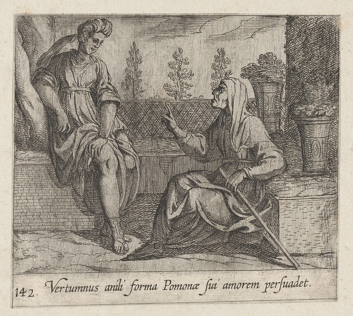 Plate 142: Pomona and Vertumnus (Vertumnus anili forma Pomonae sui amorem persuadet), from Ovid's 'Metamorphoses' — Antonio Tempesta