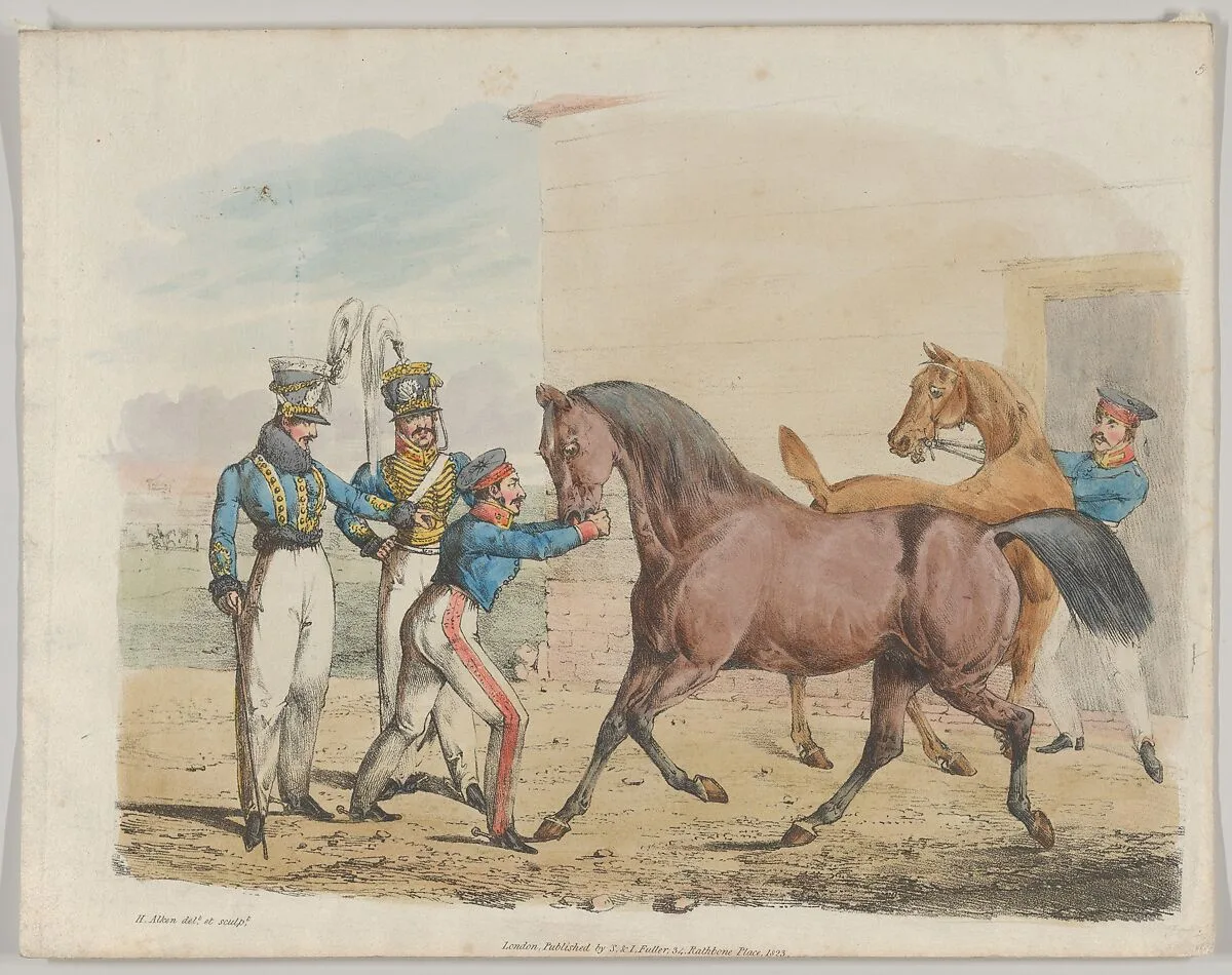 Two Soldiers of a Cavalry Unit, with Horses and Grooms — Henry Thomas Alken|S. & J. Fuller