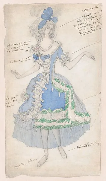 Costume Design for a Female Courtier, likely for the Ballet 'La Belle au Bois Dormant' (Sleeping Beauty), premiered at the Alhambra Theatre in London, 1921 — Léon Bakst