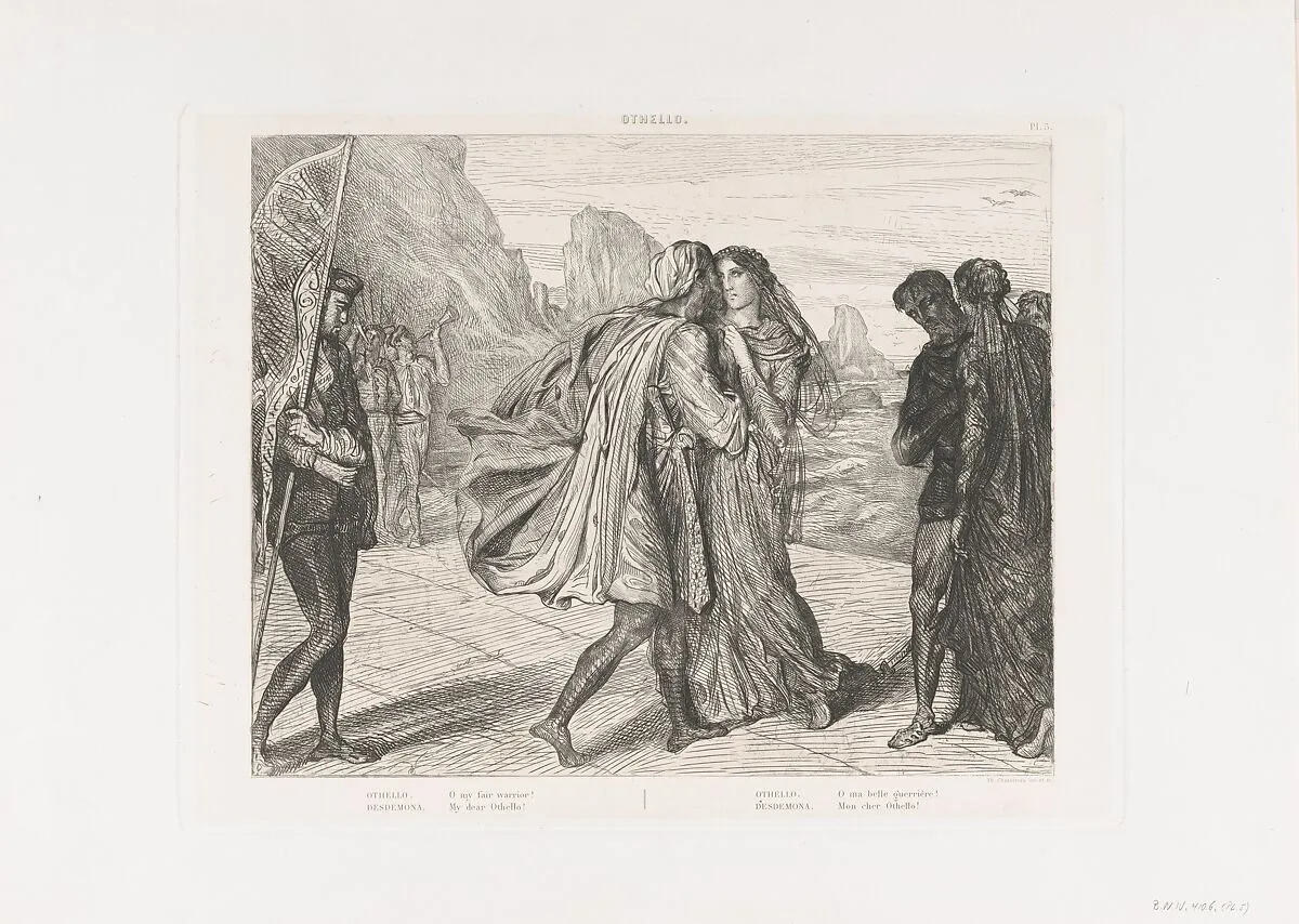 "O my fair warrior!": plate 5 from Othello (Act 2, Scene 1) — Théodore Chassériau|William Shakespeare