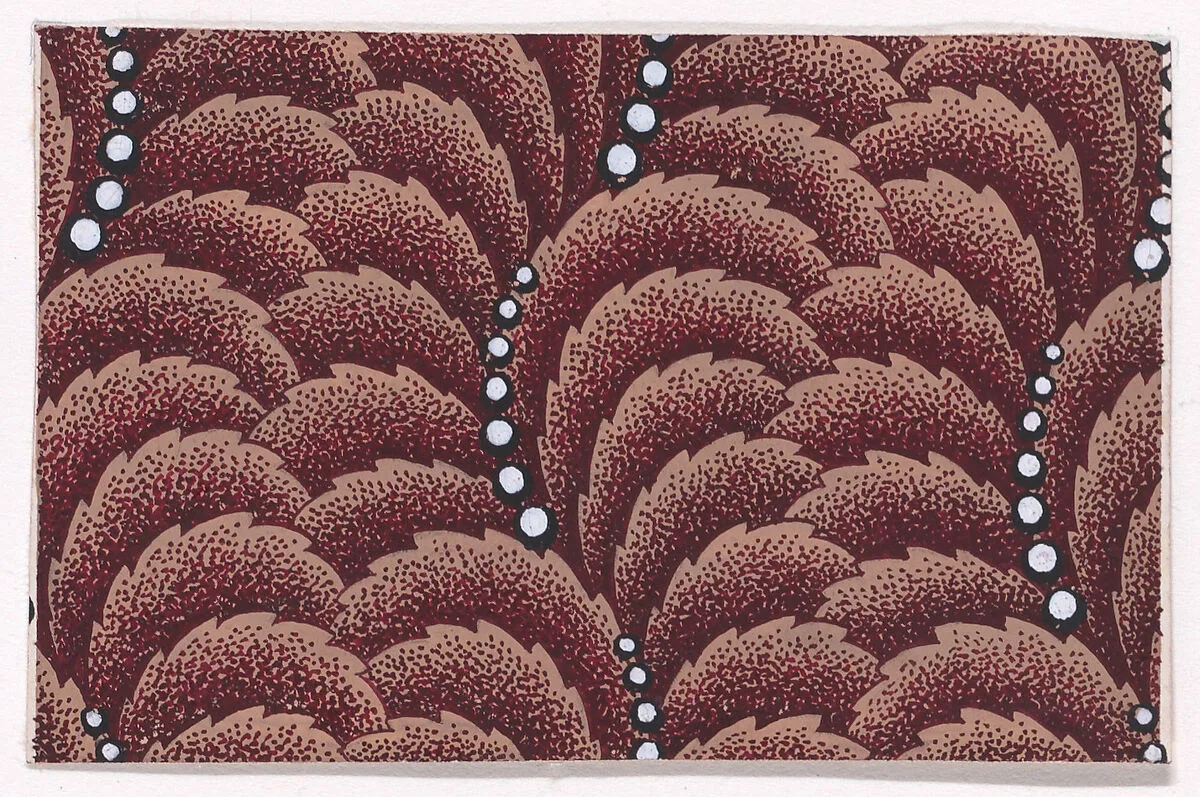 Textile Design with Undulating Vertical Rows of Overlapping Scales and Curved Strips of Pearls — Anonymous, Alsatian, 19th century