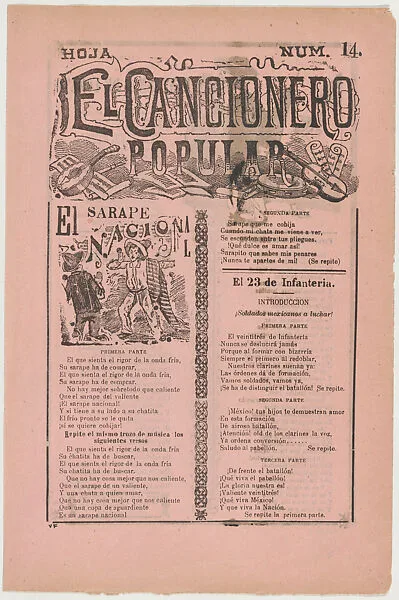 Songsheet depicting musical instruments, words to the songs, and a man wearing a sarape singing (recto); words to three further songs (verso) — Antonio Vanegas Arroyo|José Guadalupe Posada