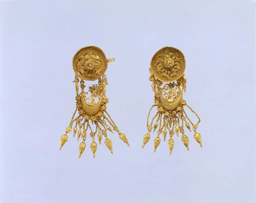 Pair of gold earrings with disk and boat-shaped pendant