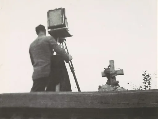 [Walker Evans with 8 x 10" View Camera Photographing in Bethlehem, Pennsylvania Graveyard]