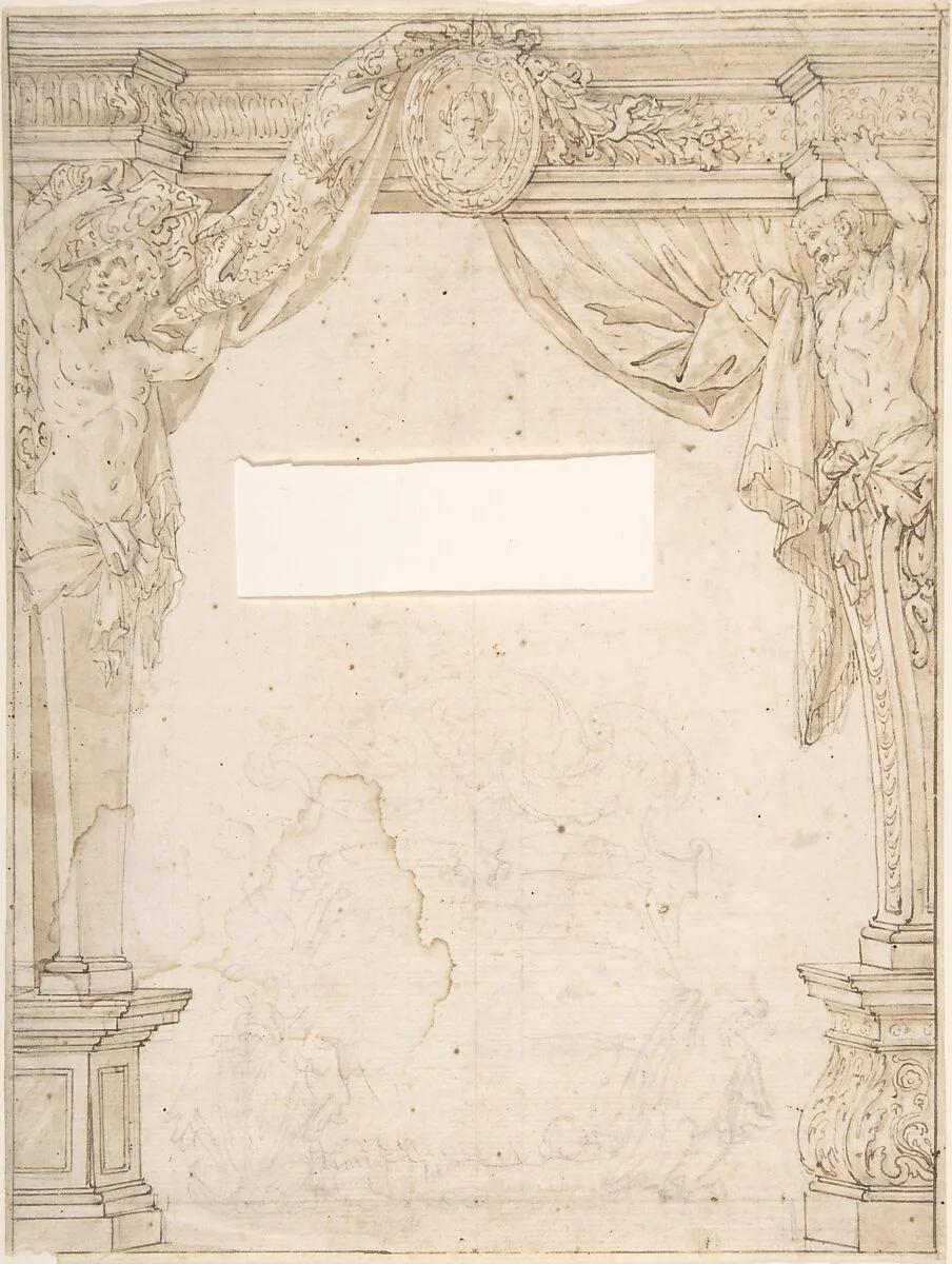 Herms Supporting and Overdoor with Portrait Oval — Anonymous, Italian, 17th century
