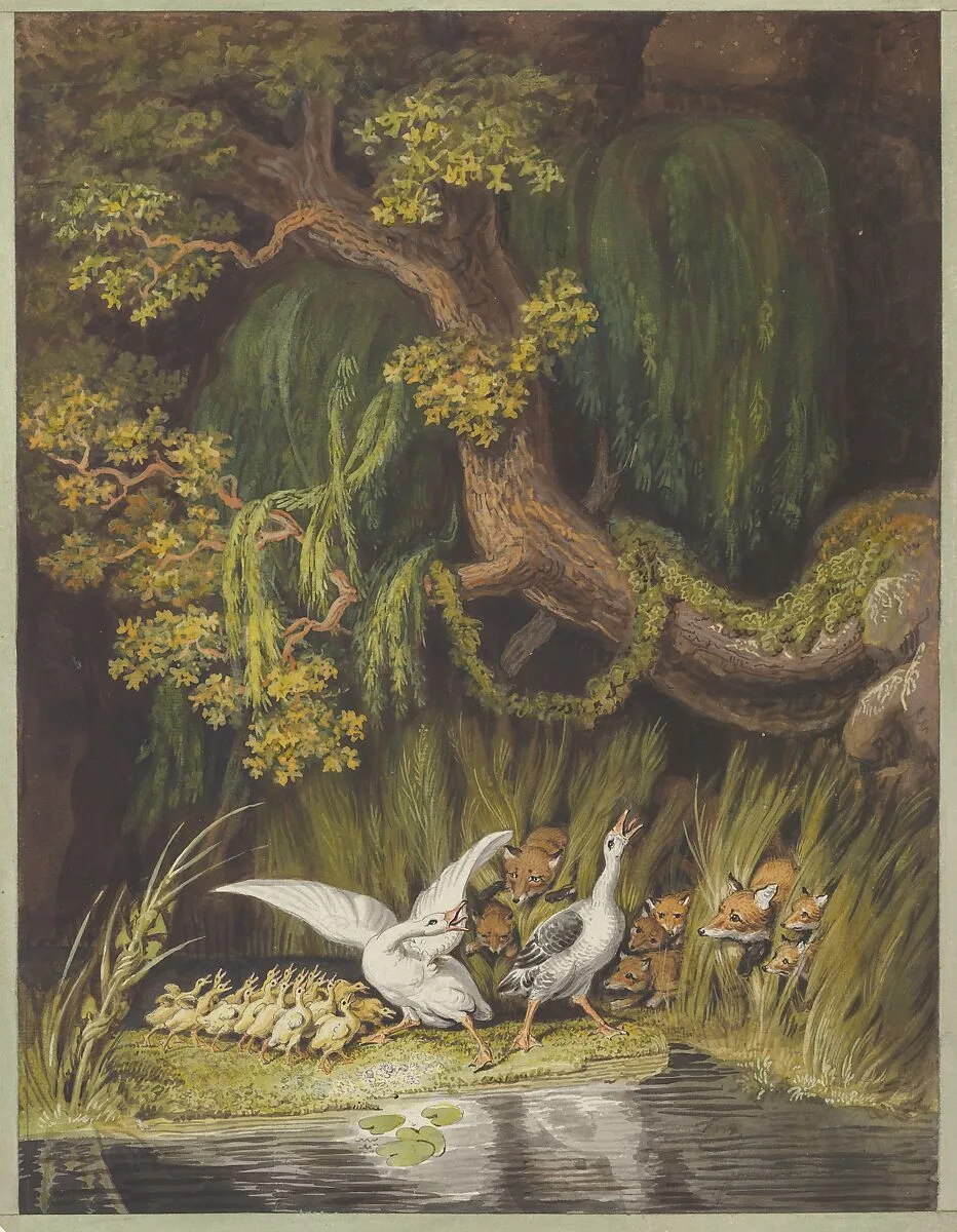 A Goose and a Gander with their Goslings Honking in Alarm as Two Foxes with their Cubs Emerge from the Rushes — Johann Heinrich Wilhelm Tischbein