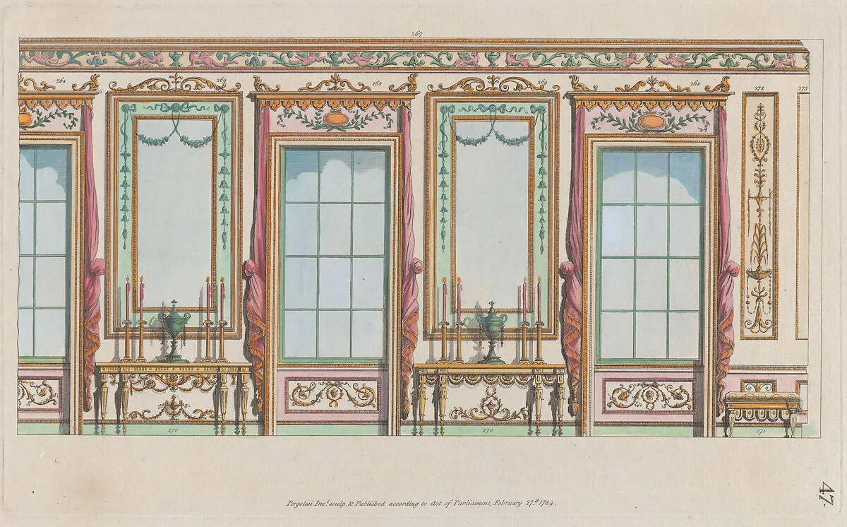 Interior Ornamented Wall with Windows and Pier-Glasses, nos. 267–273, plate 47 from "Designs for Various Ornaments" — Michelangelo Pergolesi