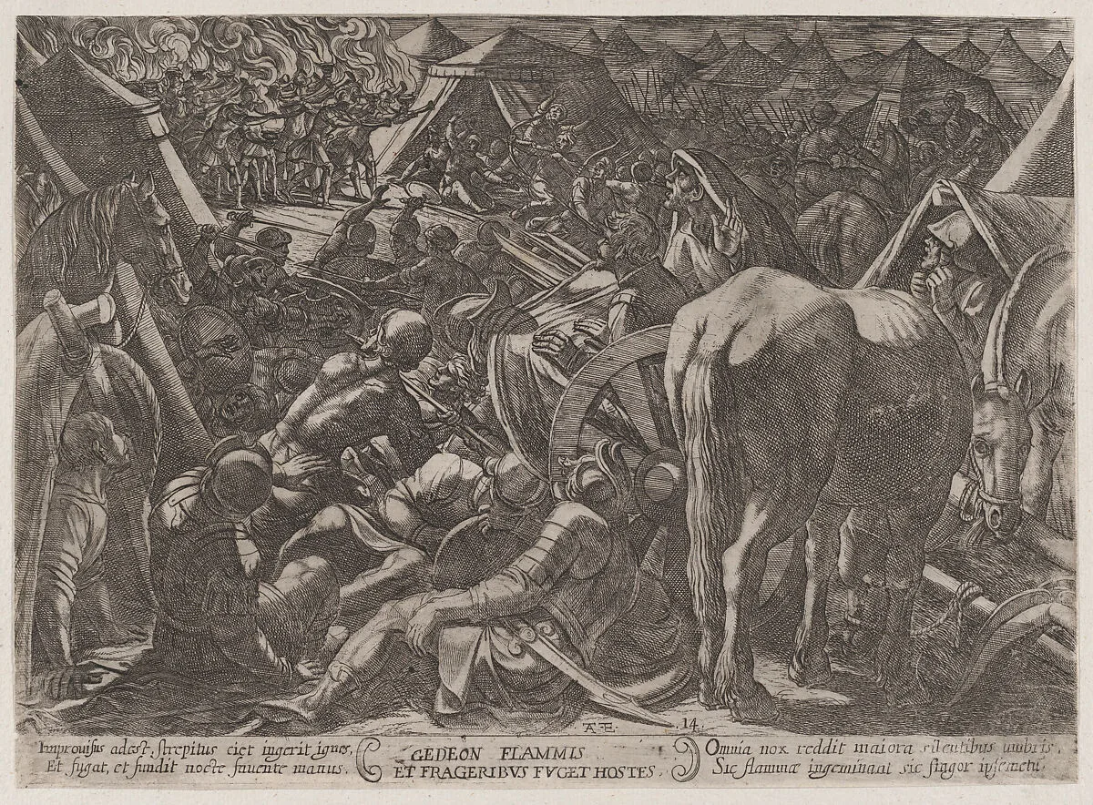 Plate 14: Gideon Terrorizing the Enemy Camp, from 'The Battles of the Old Testament' — Antonio Tempesta|Nicolaus van Aelst