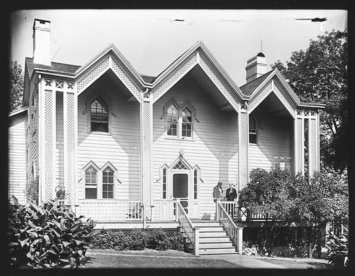 [Triple Gabled Gothic Revival House with Two Men on Porch, Nyack, New York]