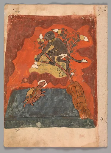 "The Deposed Monkey King Drops Figs for the Tortoise and the Two Become Friends", Folio from a Kalila wa Dimna
