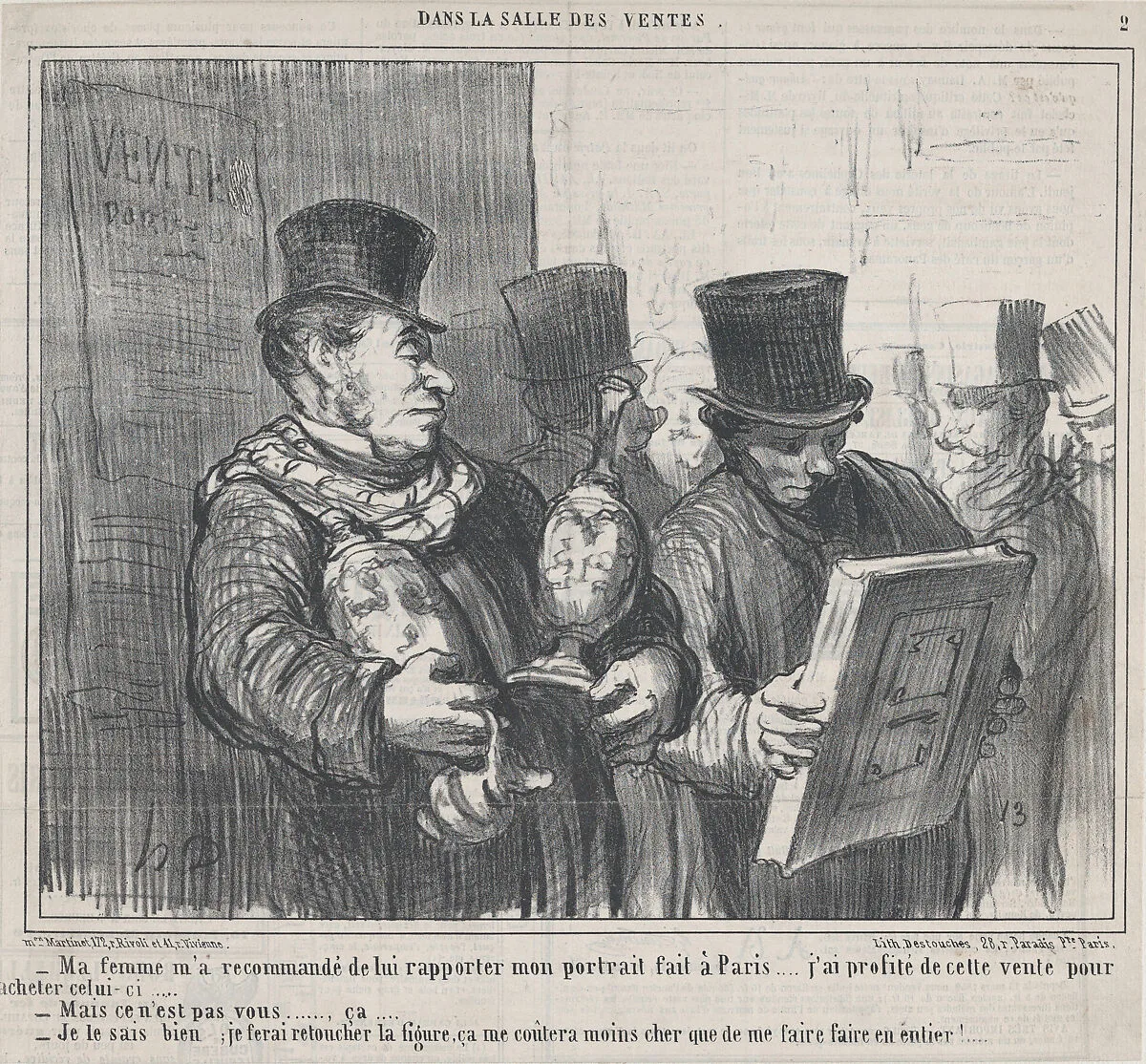 Ma femme m'a recommandé de lui rapporter mon portrait fait à Paris..., from Dans la Salle des Ventes, published in Le Charivari, April 4, 1859 — Aaron Martinet|Honoré Daumier|Destouches