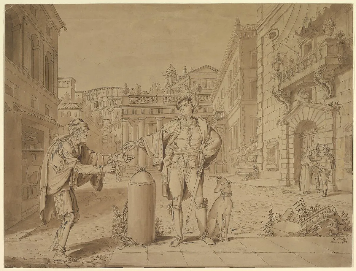 Nobleman Giving Alms to Beggar in Piazza near the Coliseum — Conrad Martin Metz