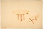 Tavolo e sedin [Perspective of a Circular Table with 3-Pedestal Base and a Side Chair]