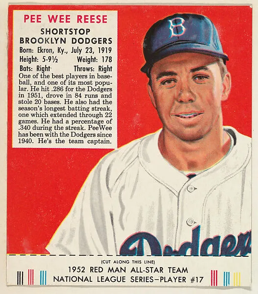 Pee Wee Reese, from the Red Man All-Star Team series (T232), issued by Red Man Chewing Tobacco — Red Man Chewing Tobacco