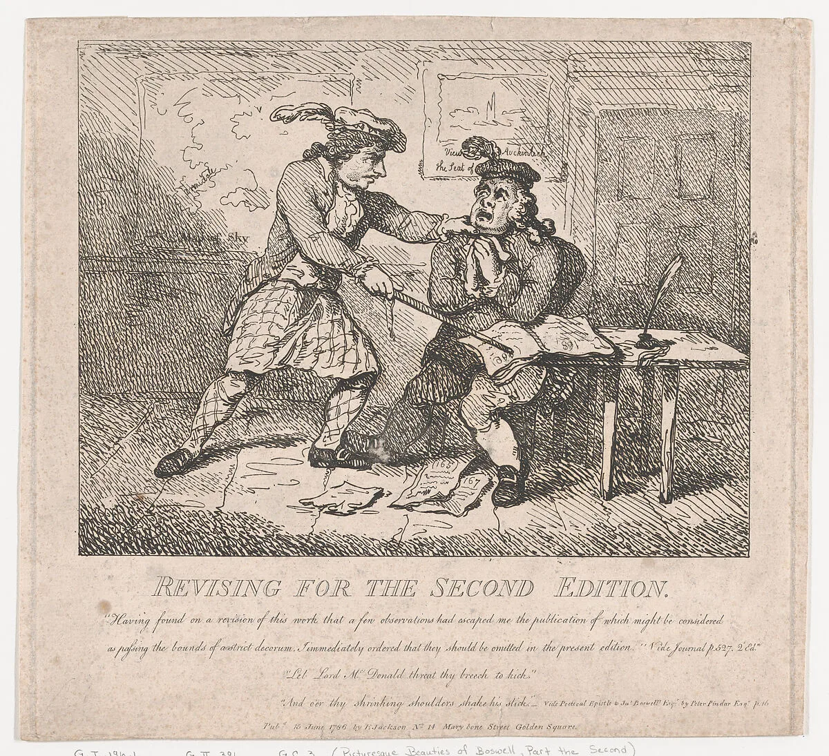 Frontispiece, Revising for the Second Edition (Picturesque Beauties of Boswell, Part the Second) — James Boswell|Samuel Collings|Alexander Macdonald , 1st Baron Macdonald of Slate|Alexander Boswell, Lord Auchinleck|Elizabeth Jackson|Thomas Rowlandson