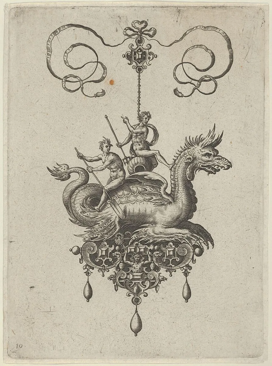 Pendant Design with a Sea Monster Carrying Neptune on an Urn Beside a River-God with an Oar — Jan Collaert I|Philips Galle|Adriaen Collaert
