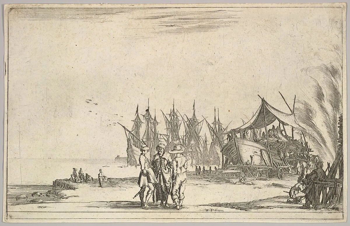 Three men wearing hats standing in center, men fixing a ship to right, five ships and various figures in center background, from 'Set of eight nautical landscapes' (Suite de huit Marines) — Stefano della Bella