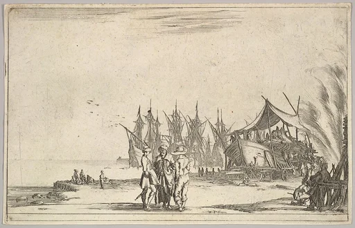 Three men wearing hats standing in center, men fixing a ship to right, five ships and various figures in center background, from 'Set of eight nautical landscapes' (Suite de huit Marines)
