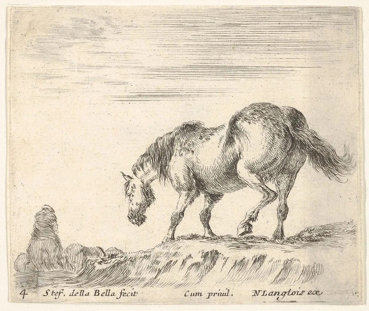 Plate 4: a horse in profile facing the left, about to descend from a mound, a horseman to left in background, from 'Diversi capricci' — Stefano della Bella|Nicolas Langlois
