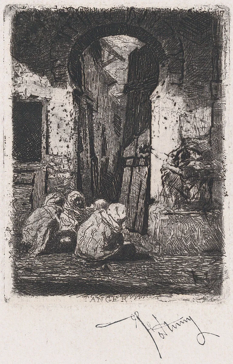 Tangiers, a group of men seated near an arch — Mariano Fortuny, 1838–1874