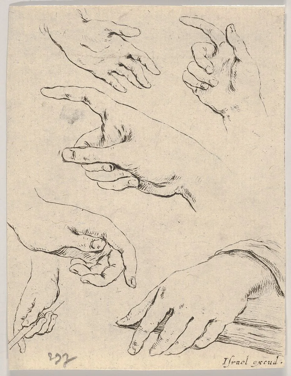 Plate 6: six hands, from 'The Book for Learning to Draw' (Livre pour apprendre à dessiner) — Stefano della Bella|Israël Henriet