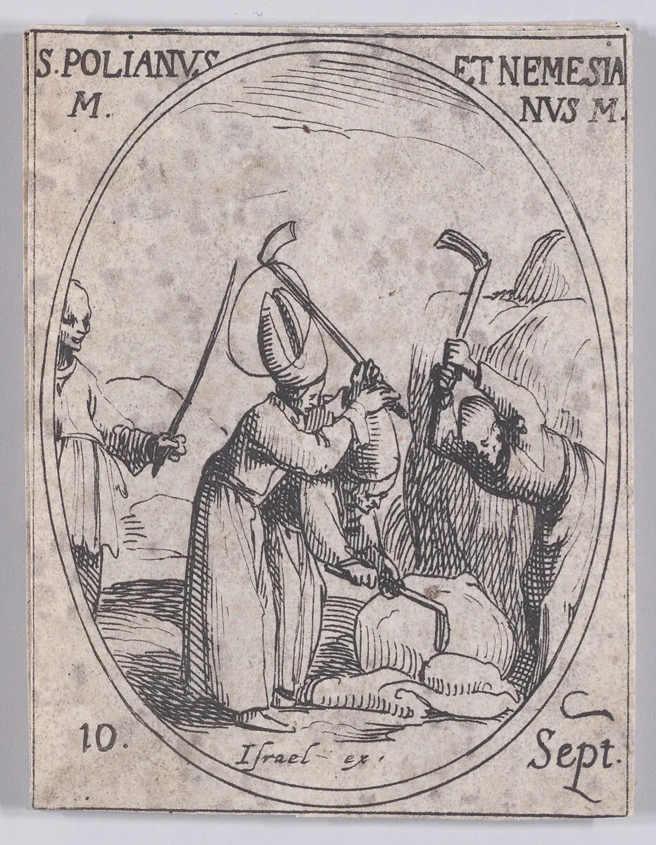 S. Polien et S. Nemesien (St. Polianus and St. Nemesianus), September 10th, from "Les Images De Tous Les Saincts et Saintes de L'Année" (Images of All of the Saints and Religious Events of the Year) — Jacques Callot|Israël Henriet