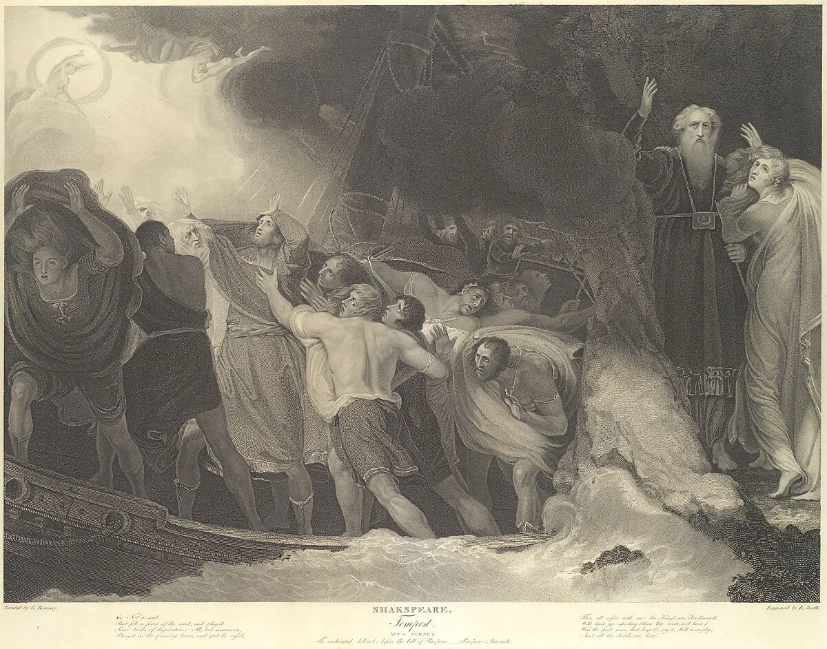 The Enchanted Island, Before the Cell of Prospero - Prospero and Miranda (Shakespeare, The Tempest, Act 1, Scene 1) — George Romney|John & Josiah Boydell|Benjamin Smith|William Shakespeare