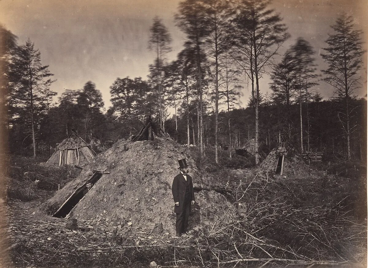 Woodchoppers' Huts in a Virginia Forest. On the Orange & Alexandria Railroad. Wood Supplied U.S.M.R. Railroads under Supervision of Major Brayton — Andrew Joseph Russell