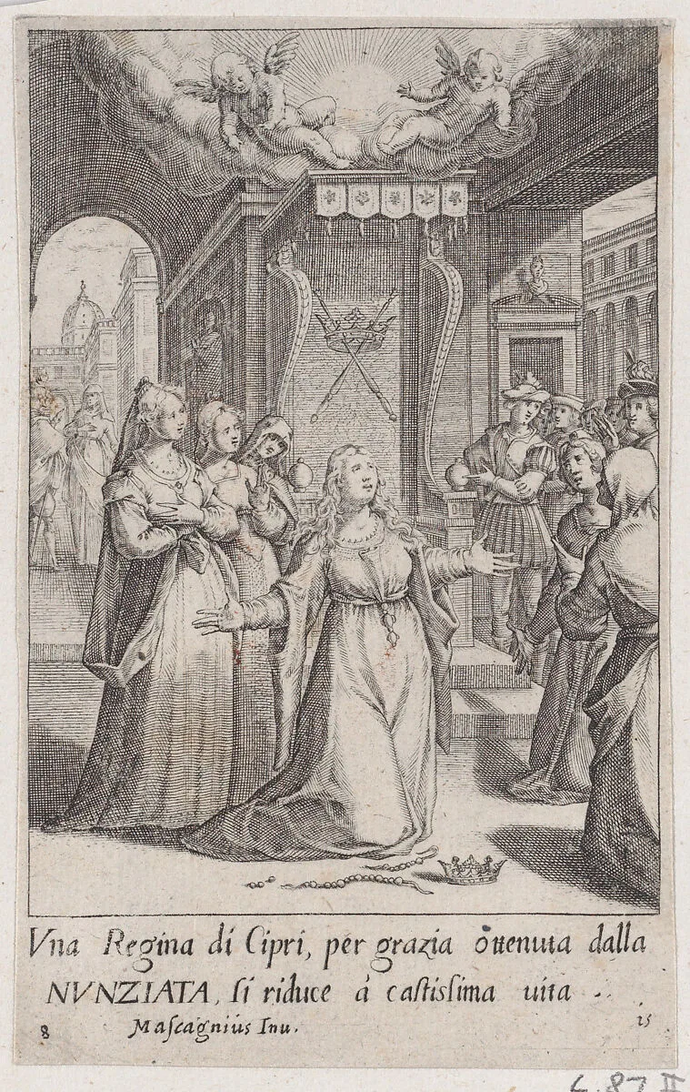 The Queen of Cyprus, from Scelta d'Alcuni Miracoli e Grazie della Santissima Nunziata di Firenze (Selection of Some Miracles and Graces that Occurred in the Church of the Annunziata in Florence) — Jacques Callot|Donato Mascagni