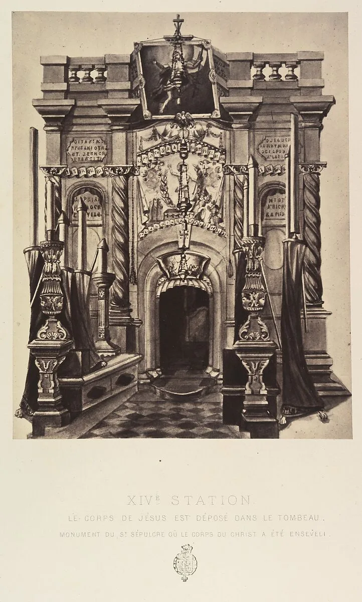 XIVe Station. Le corps de Jésus est deposé dans le tombeau. Monument du St Sépulcre où le corps du Christ a été enseveli. — H. Jannin|J. Blondeau et Antonin|Louis de Clercq