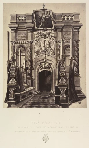 XIVe Station. Le corps de Jésus est deposé dans le tombeau. Monument du St Sépulcre où le corps du Christ a été enseveli.