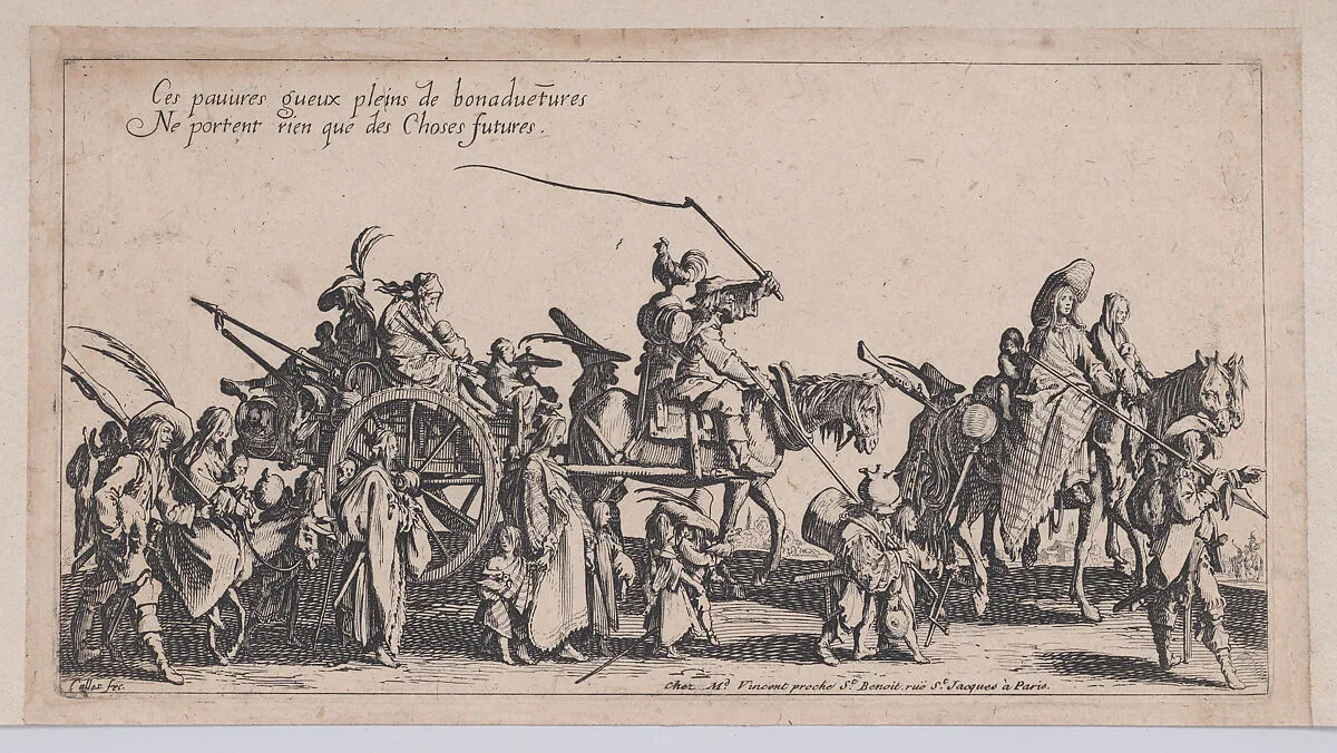 Les Bohémiens en Marche: L'Arrière-Garde, pièce aussi appelée Le Départ (The Gypsies Travelling: The Rear Guard, also called The Departure), from Le Bohémiens, série appelée aussi Les Égyptiens, La Marche des Bohémiens, La Vie Errante des Bohémiens, Les Marches Égyptiennes (The Gypsies, series also called The Egyptiens, The Gypsy Troops, The Wandering Lives of Gypsies, The Egyptian Troops) — Jacques Callot