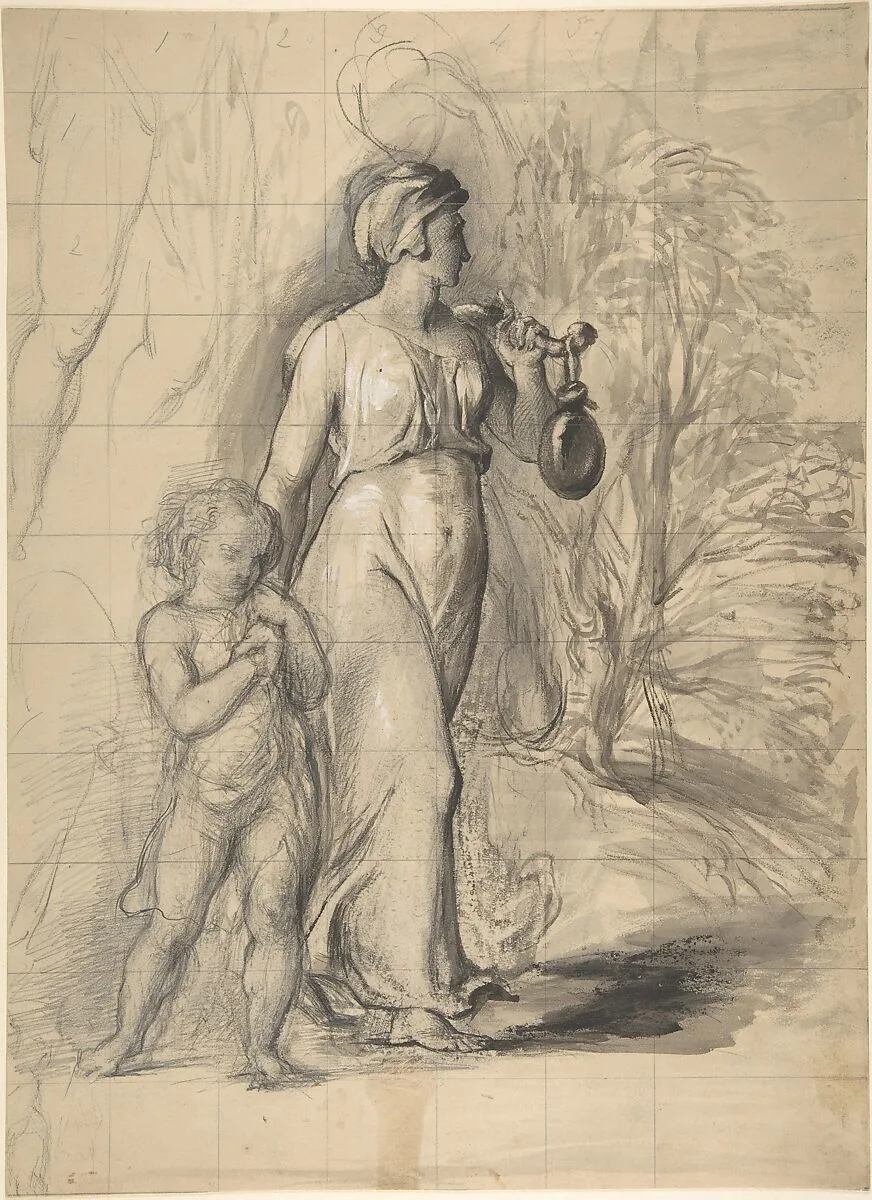 Hagar and Ishmael in the Wilderness (recto); Two Portrait Studies of the Artist's Wife, and a Study of a Leg and Torso (verso) — George Richmond