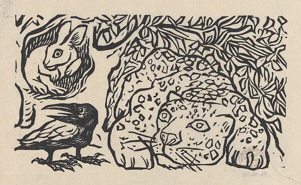 A leopard, rabbit, and a crow, illustration for 'El Sombreron' — Alfredo Zalce