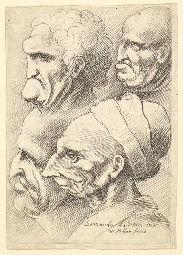 Four grotesque heads in profile to left