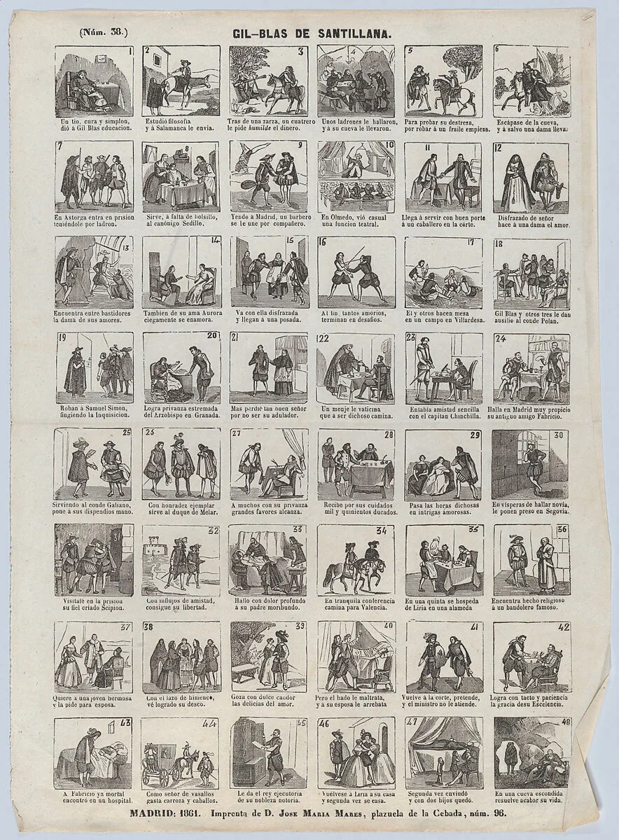 Broadside with 48 scenes showing the adventures of Gil-Blas de Santillana — José María Marés