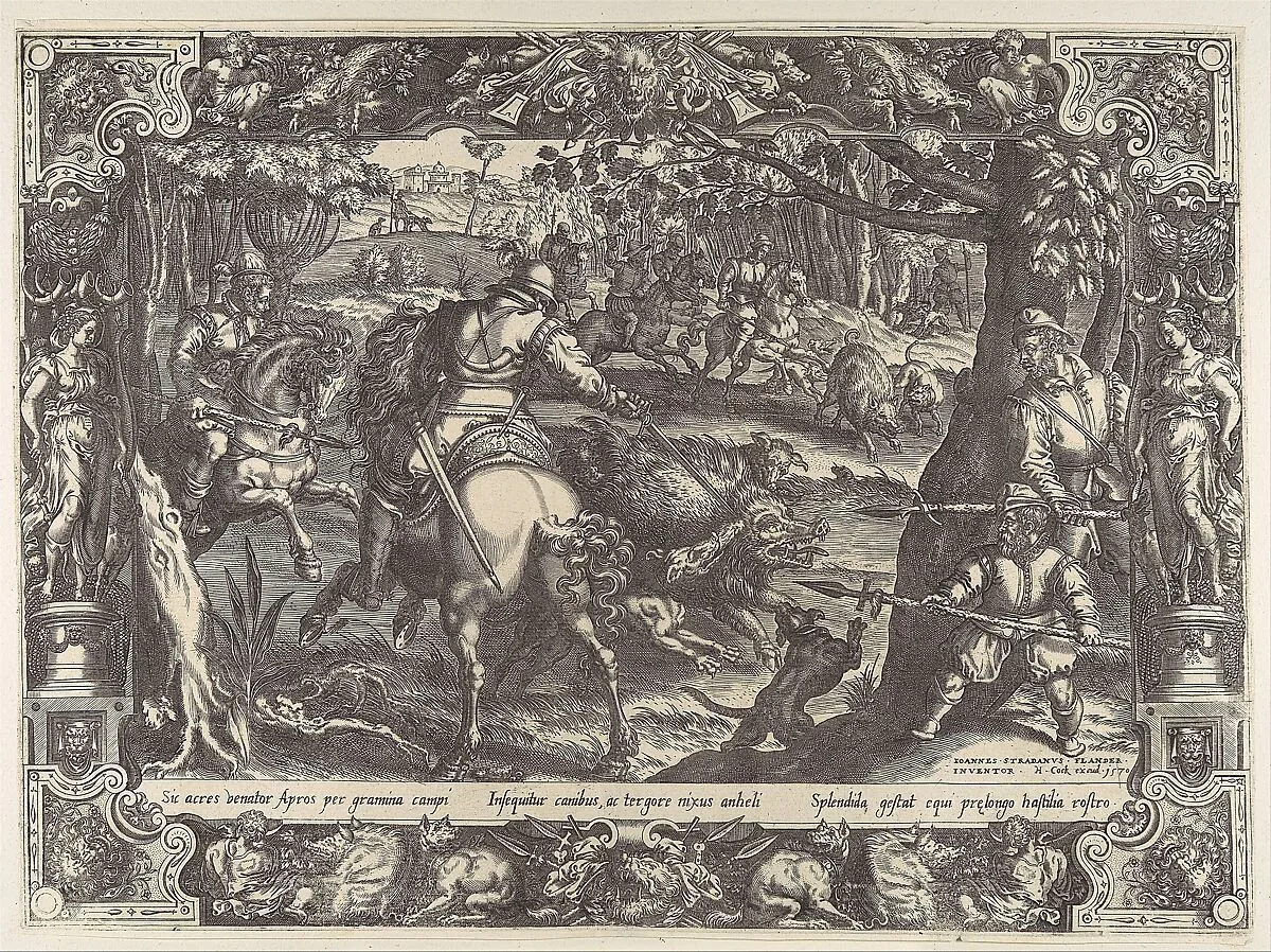 Wild Boar Hunt with Spears, from Hunting Scenes in Ornamental Frames — Harmen Jansz. Muller|Jan van der Straet, called Stradanus|Hieronymus Cock