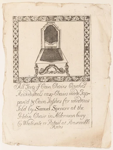 Trade Card of Samuel Spencer, Cain Chairs, at the Golden Chair in Aldermanbury