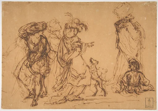Five Figures in Fantastic Costumes with Two Dogs