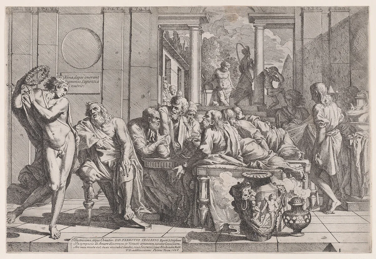 Plato's symposium: Socrates and his companions seated around a table discussing ideal love interruputed by Acibiades at left — Pietro Testa