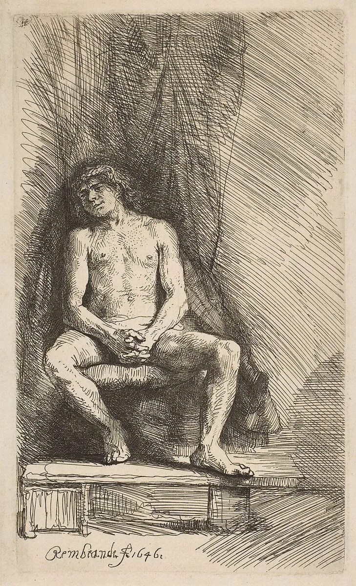 Nude Man Seated before a Curtain — Rembrandt (Rembrandt van Rijn)