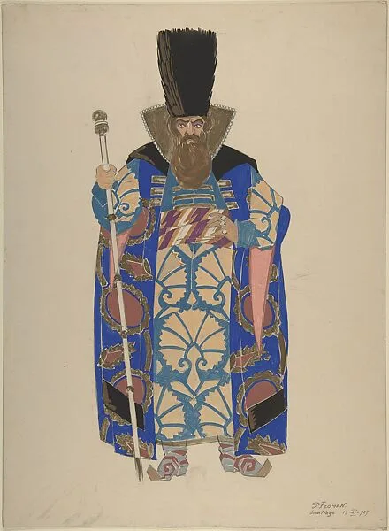 Costume Study for a Robed, Bearded Boyar with Staff — Pavel Petrovic Froman
