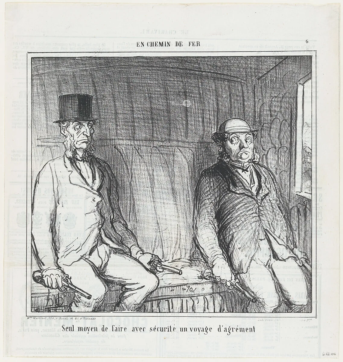 The only way to be safe on a pleasure trip, from 'On the train,' published in Le Charivari, September 3, 1864 — Aaron Martinet|Honoré Daumier|Destouches