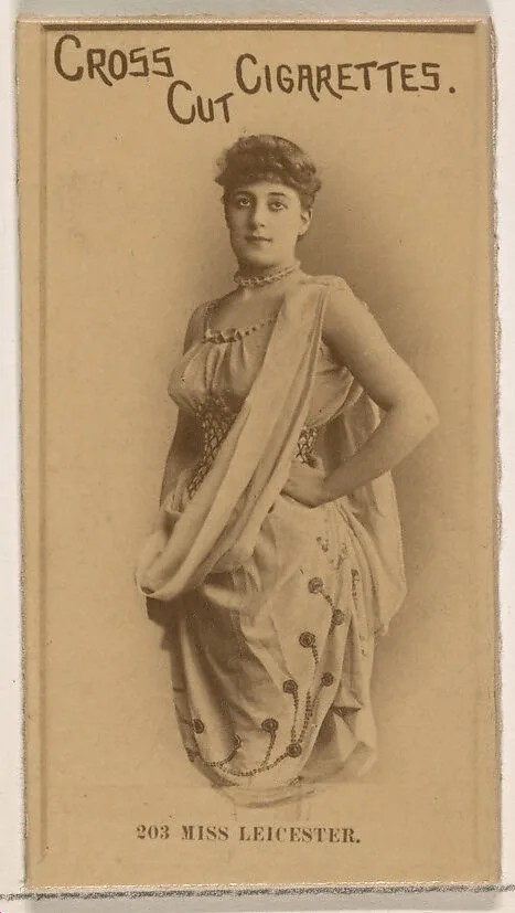 Card Number 203, Miss Leicester, from the Actors and Actresses series (N145-2) issued by Duke Sons & Co. to promote Cross Cut Cigarettes — W. Duke, Sons & Co.